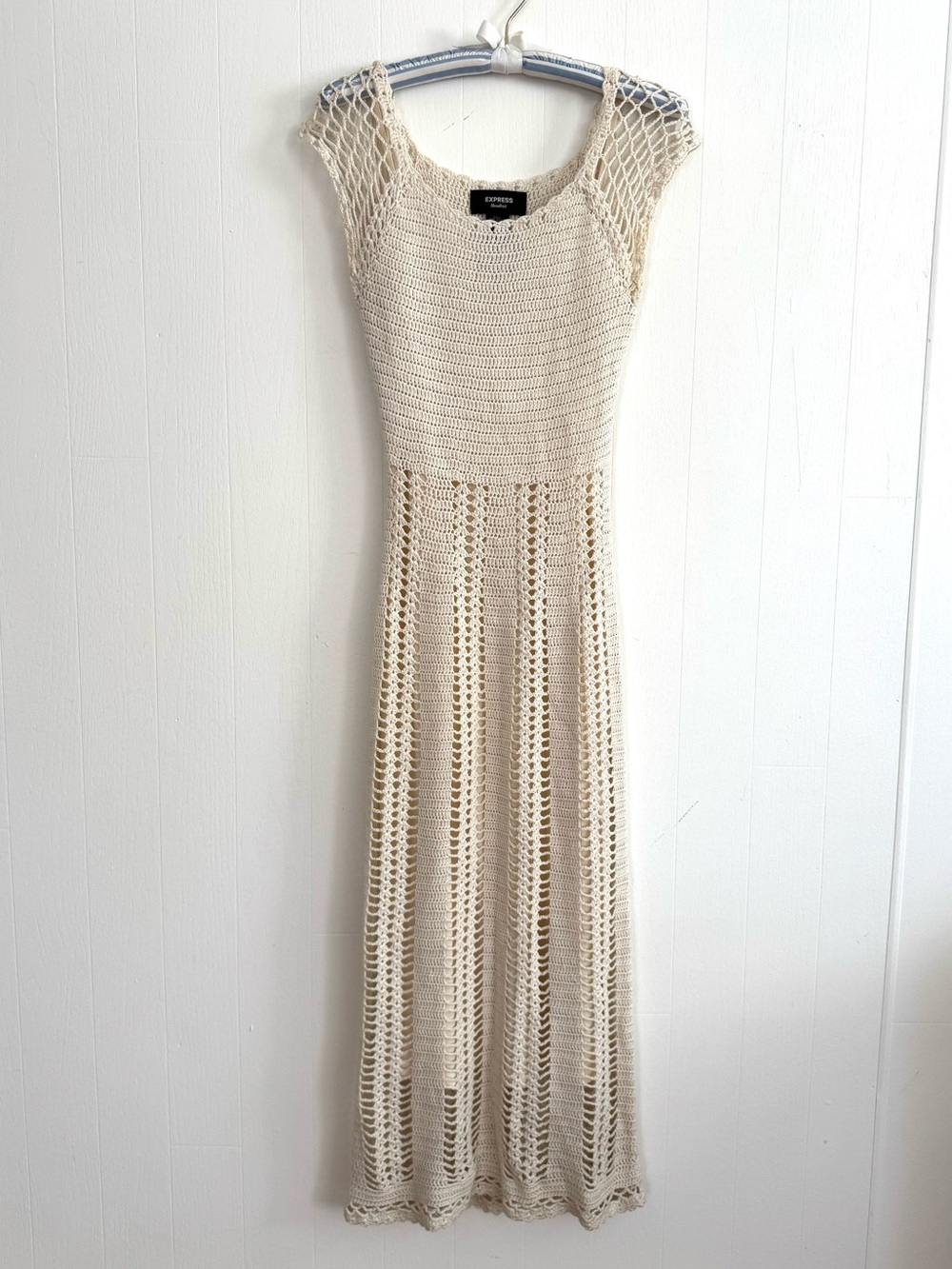 Crochet Knit Maxi Dress in Cream - Cap Sleeve